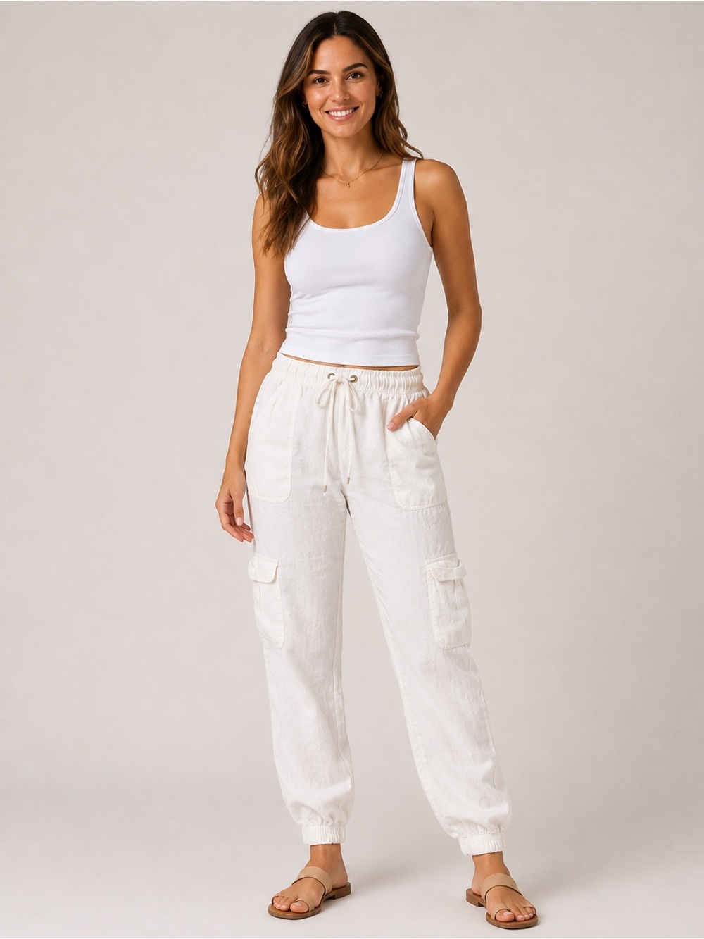 White Linen Cargo Jogger Pants Drawstring Elastic Waist Nicole Miller Size L